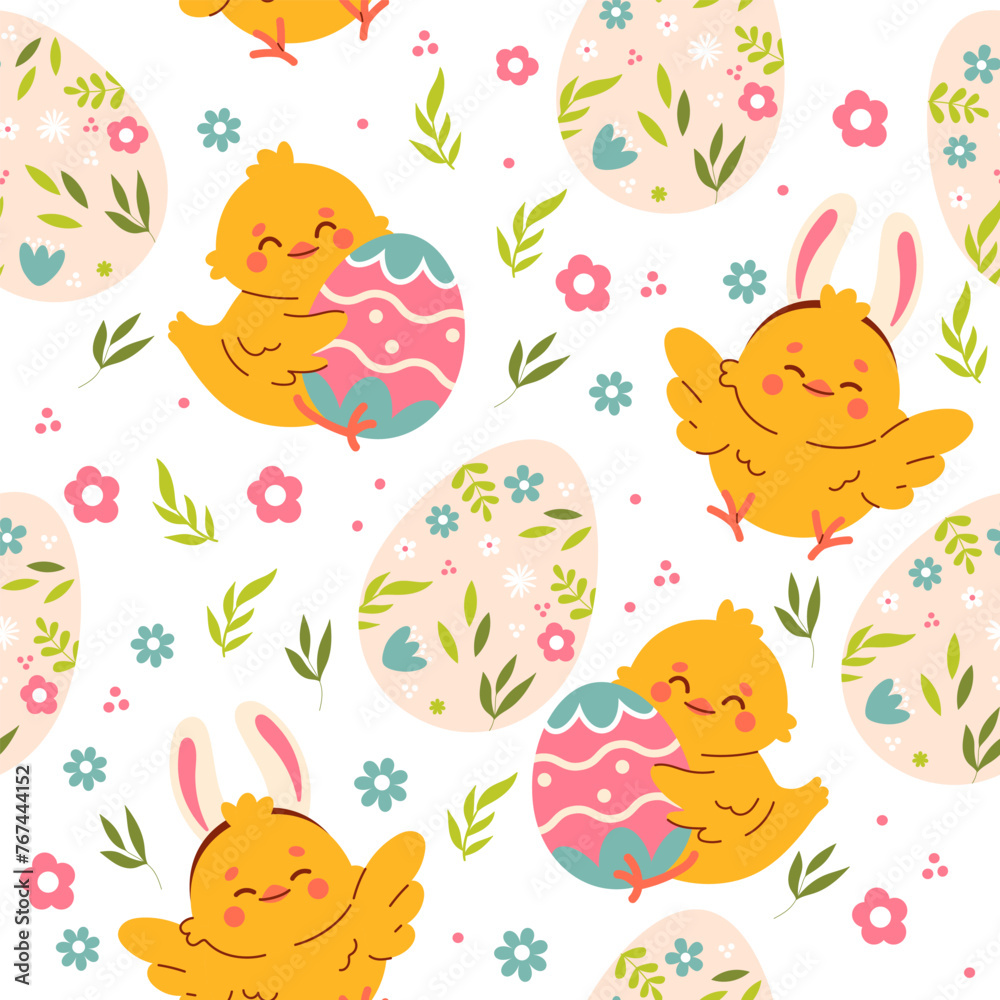 Seamless easter pattern with eggs and chicken. Easter seamless pattern, Easter symbol, decorative vector elements. Easter colored simple pattern. Seamless easter pattern with eggs and chicken. Easter seamless pattern, Easter symbol, decorative vector elements. Easter colored simple pattern.
