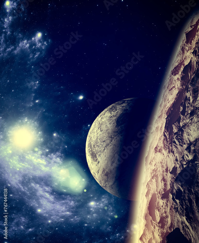 Planets and exoplanets of unexplored galaxies. Sci-Fi. New worlds to discover. Colonization and exploration of nebulae and galaxies. 3d rendering
