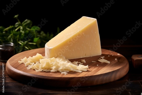 Piece of parmesan cheese on a wooden board