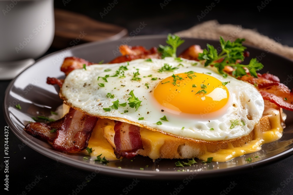 Fried egg with bacon and cheese breakfast Fried egg with bacon and cheese breakfast