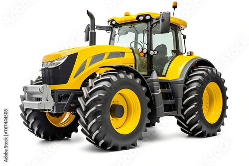 Modern yellow agricultural tractor isolated on white background