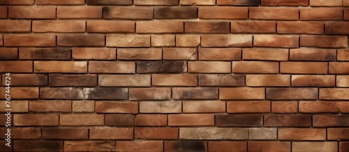 A detailed closeup of a brown brick wall showcasing the rectangular shape of each individual brick. The brickwork is a common building material used for walls, flooring, and composite materials