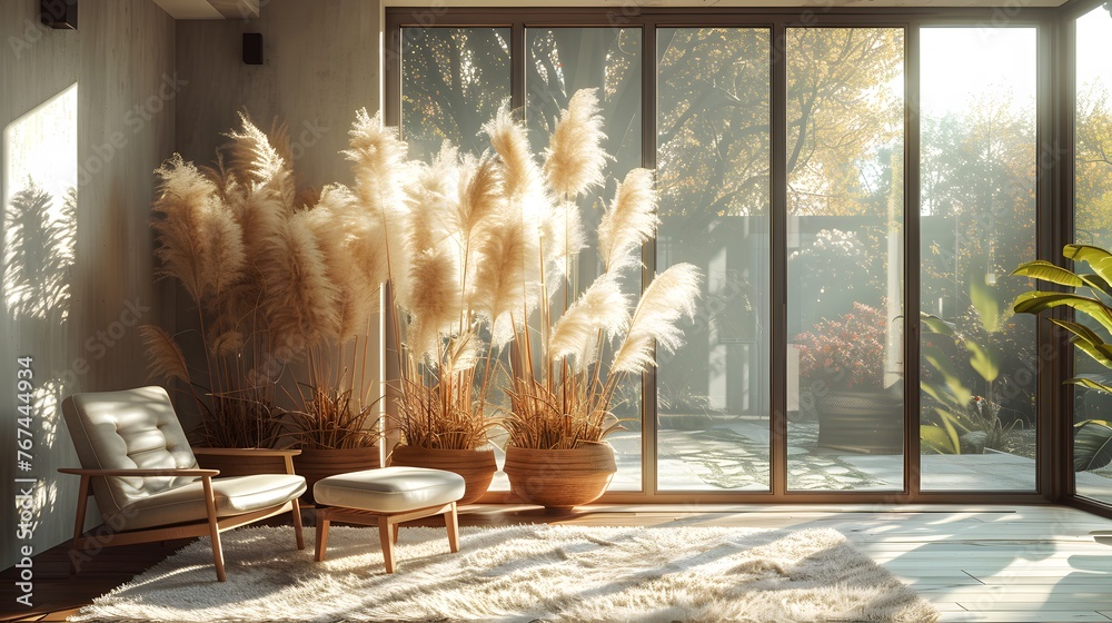 The tranquility of neutral pampas grass and reeds, illuminated by gentle sunlight. - obrazy, fototapety, plakaty 