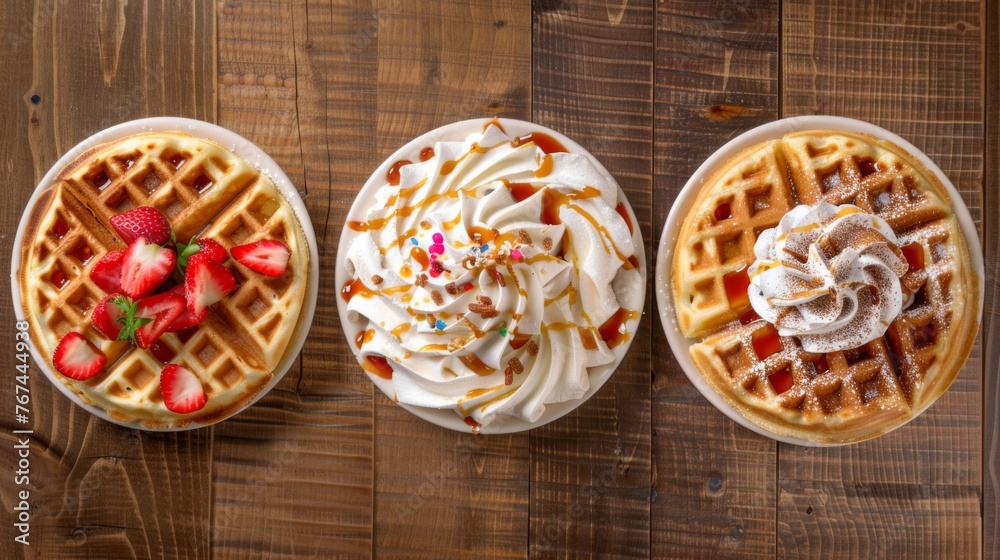  three waffles with whip cream, strawberries, and whip cream on top of them on a wooden table.