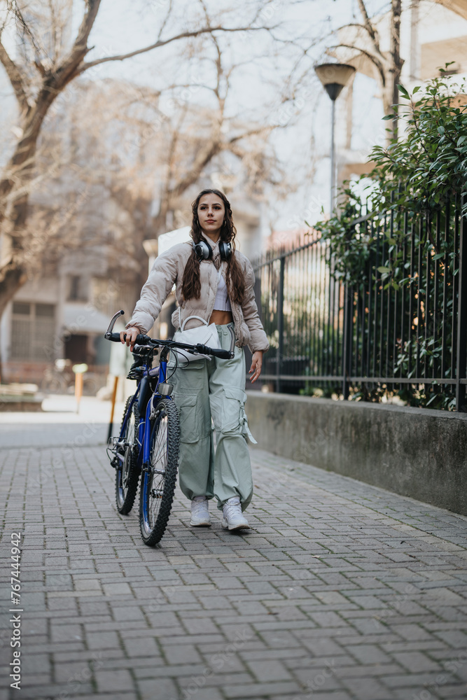 Confident young female posing with her bike on a city street, showcasing urban lifestyle and commuting.