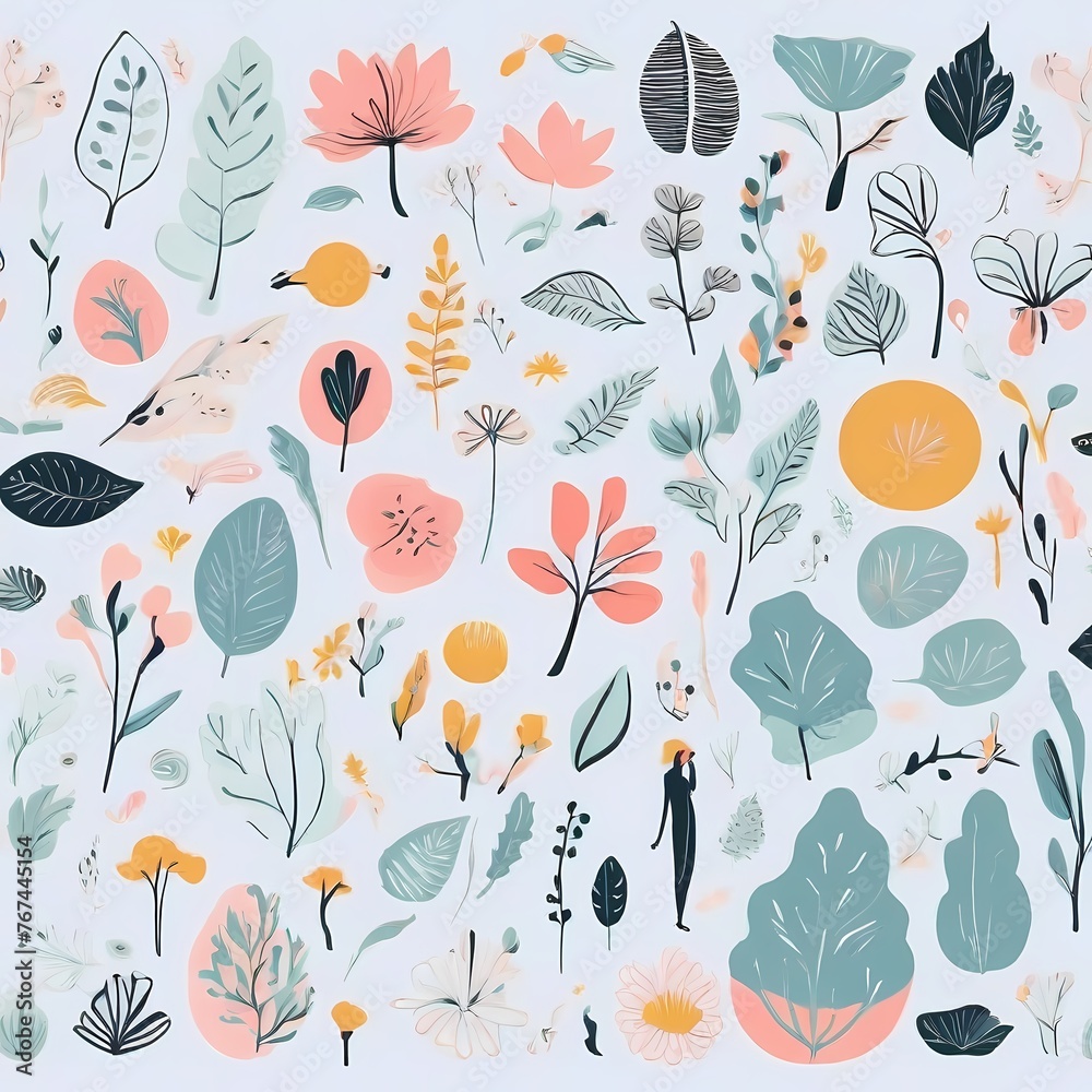 A collection of seamless pattern, colorful abstract plants and flowers. Hand drawn Collection of leaves and flowers. A close up of a pattern of flowers and leaves.
