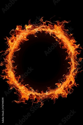 Burning flames form a circular frame against a black backdrop, creating a captivating visual impact.