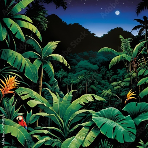 A night in ropical jungle background AI generated image with hyper realistic concept  photo