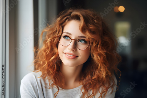 happy beautiful girl in glasses near the window. youth and beauty