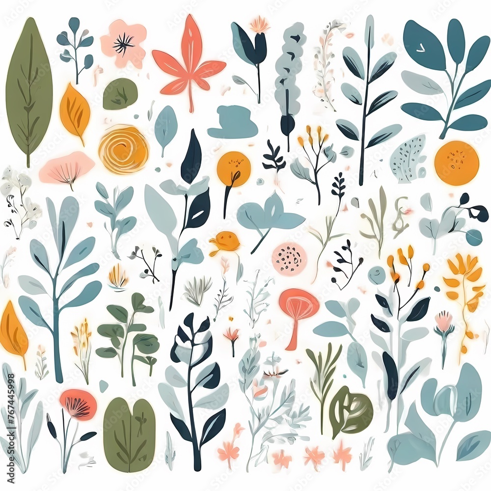 A collection of seamless pattern, colorful abstract plants and flowers. Hand drawn Collection of leaves and flowers. A close up of a pattern of flowers and leaves.
