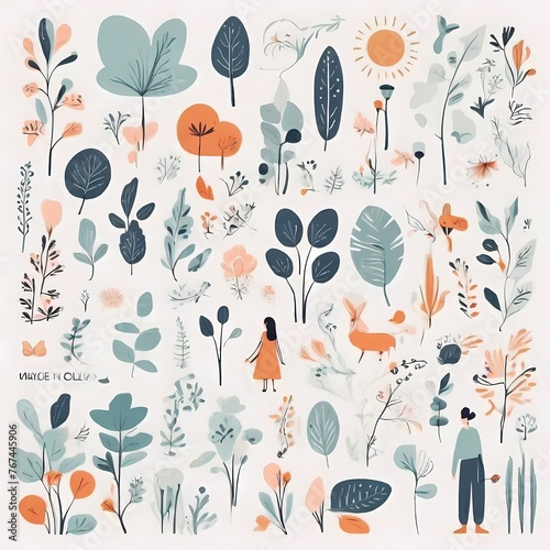 A collection of seamless pattern, colorful abstract plants and flowers. Hand drawn Collection of leaves and flowers. A close up of a pattern of flowers and leaves.
