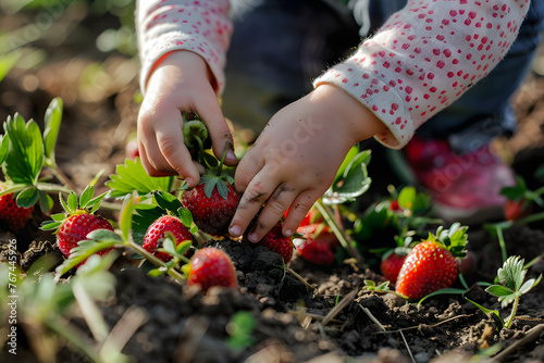 a child's hands picking ripe strawberries from a garden patch, their plump and juicy goodness a delicious reward for a day spent outdoors in the summer sun