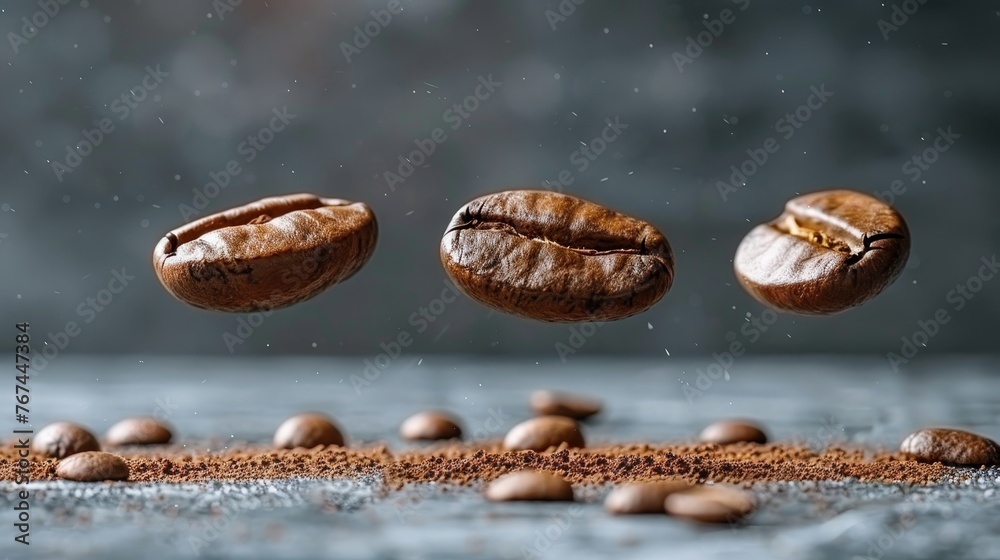 Levitating roasted coffee beans on black background a dynamic display of flying coffee beans Levitating roasted coffee beans on black background a dynamic display of flying coffee beans