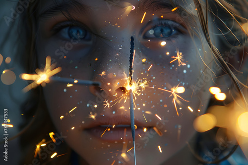 a child's face illuminated by the glow of a sparkler held aloft on a warm summer evening