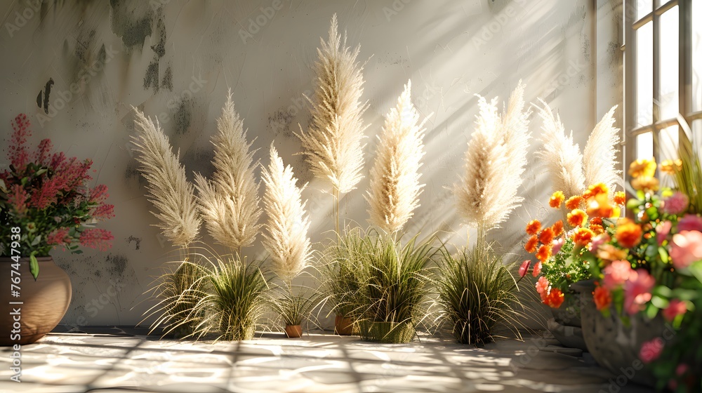 Immerse yourself in the sophisticated ambiance of neutral pampas grass and reeds, bathed in sunlight. - obrazy, fototapety, plakaty 