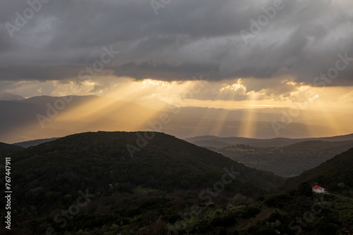 Beautiful landscape in the spring time during sunset view from Markos village, western Arcadia, Peloponnese, Greece.