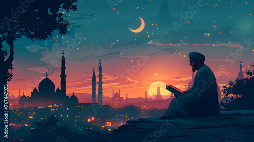 Muslim man sitting and holding Quran with view of mosque, Eid ul Adha Mubarak day background illustration
