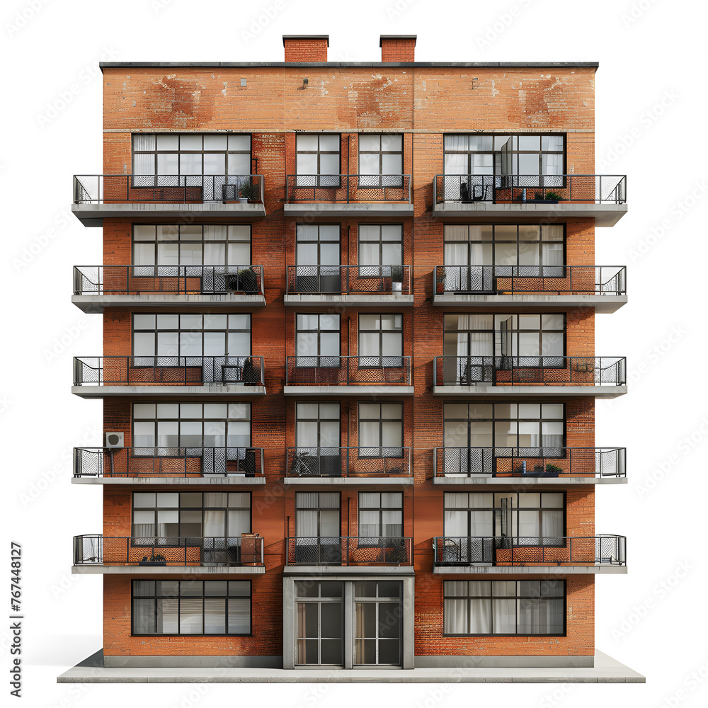 A modern rectangleshaped building with plenty of wooden balconies and large windows. This urban design condominium features a unique art deco font, standing tall in the city landscape