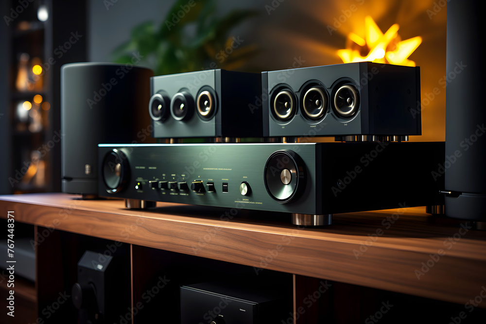 Fototapeta premium modern stereo audio speakers and amplifiers for listening to music. wideband sound system. professional audio frequency sound