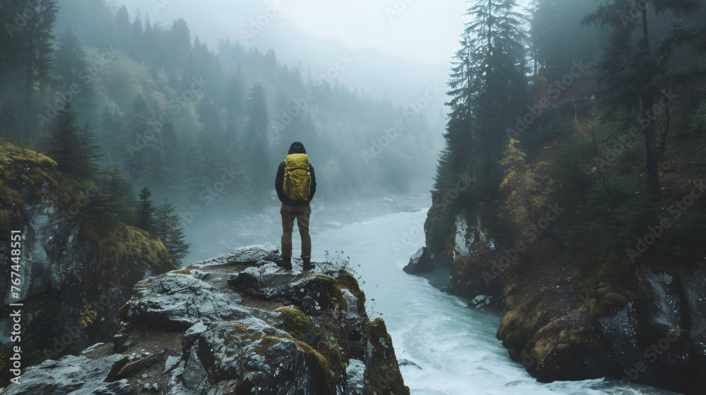 Obraz premium Solo Adventurer Overlooking Misty River from Old Rocky Cliff at Dawn