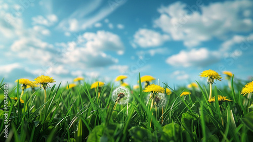 Beautiful meadow field with fresh grass and yellow dandelion flowers in nature against a blurry blue sky with clouds. 