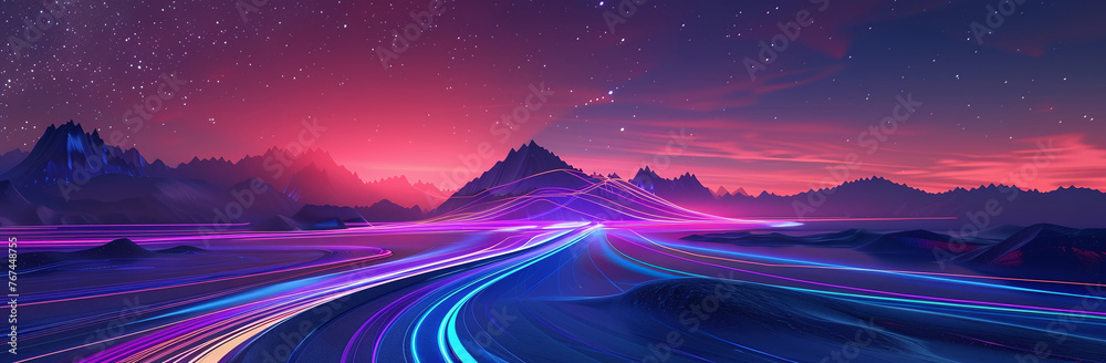 A surreal futuristic landscape featuring neon light trails under a starry sky, with colorful mountains in the background.
