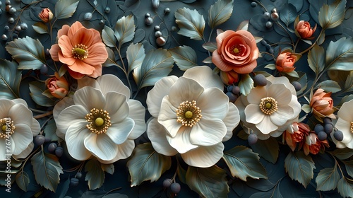 The delicate intricacies of classic floral decorations in 3D wallpaper.