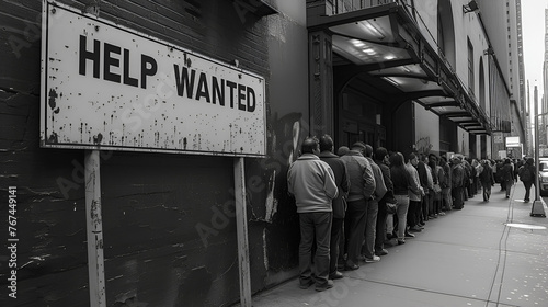People in line for a job - help wanted sign -0 employment - unemployment - employment statistics