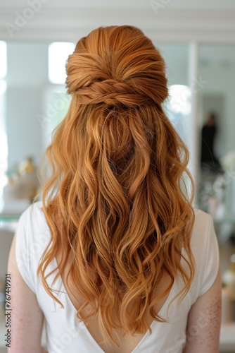 Wedding hairstyle. red headed woman with long curly hair.