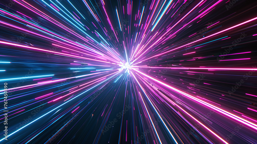 A dynamic burst of neon light trails in blue and pink radiating from a central point, creating a vibrant, futuristic effect.
