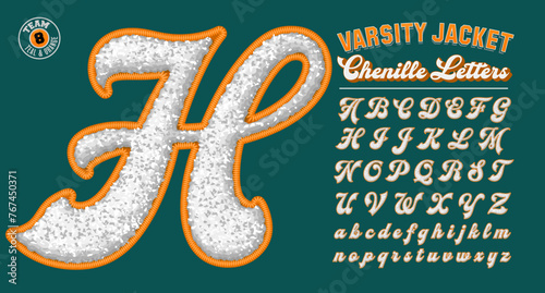 A collection of letter jacket style letters. A script alphabet with the effect of puffy chenille fabric patches.