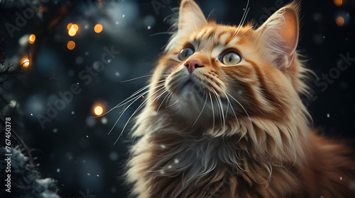 Cat standing outside in the snow near an outside Christmas tree - tree with lights - close-up view 