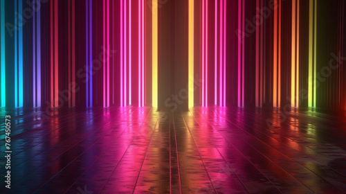 A dark hall lined with columns of colorful neon lights reflecting on a glossy floor, giving a sense of depth and mystery