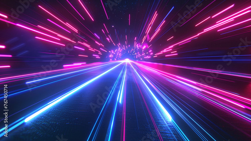 Vibrant neon lines rush towards the horizon, creating an impression of high-speed movement and energy.  © Mateusz