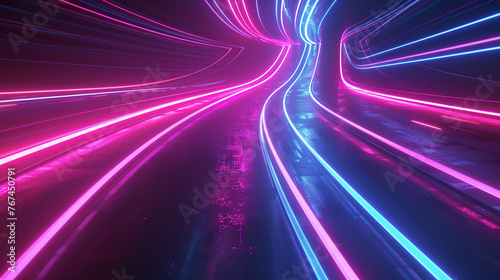Neon Light Trails Curving Through Dark Space
