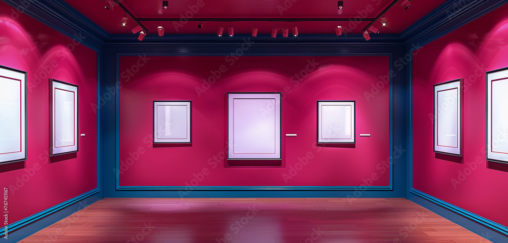 A bold raspberry red art gallery, where empty blank mock-up posters are displayed in frames of a deep, midnight blue. 