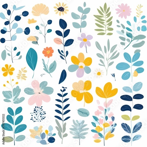 A collection of seamless pattern, colorful abstract plants and flowers. Hand drawn Collection of leaves and flowers. A close up of a pattern of flowers and leaves.
