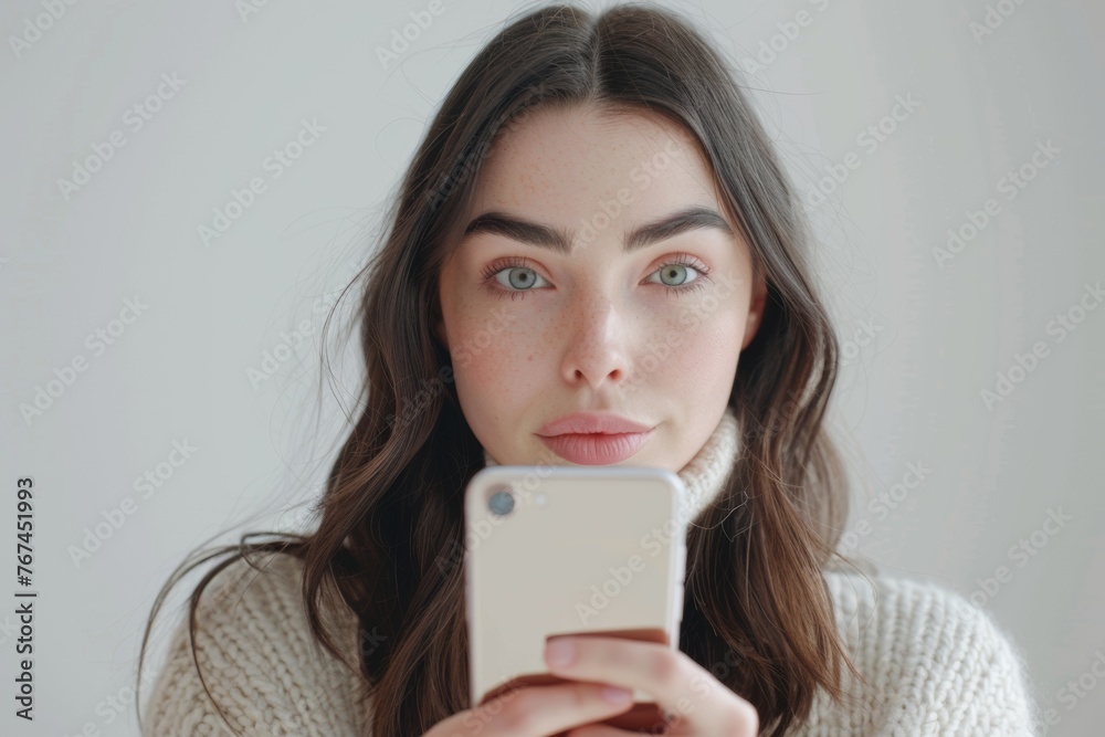 Image of a thinking dreaming young beautiful woman against white wall. Generative AI. Image of a thinking dreaming young beautiful woman against white wall. Generative AI.