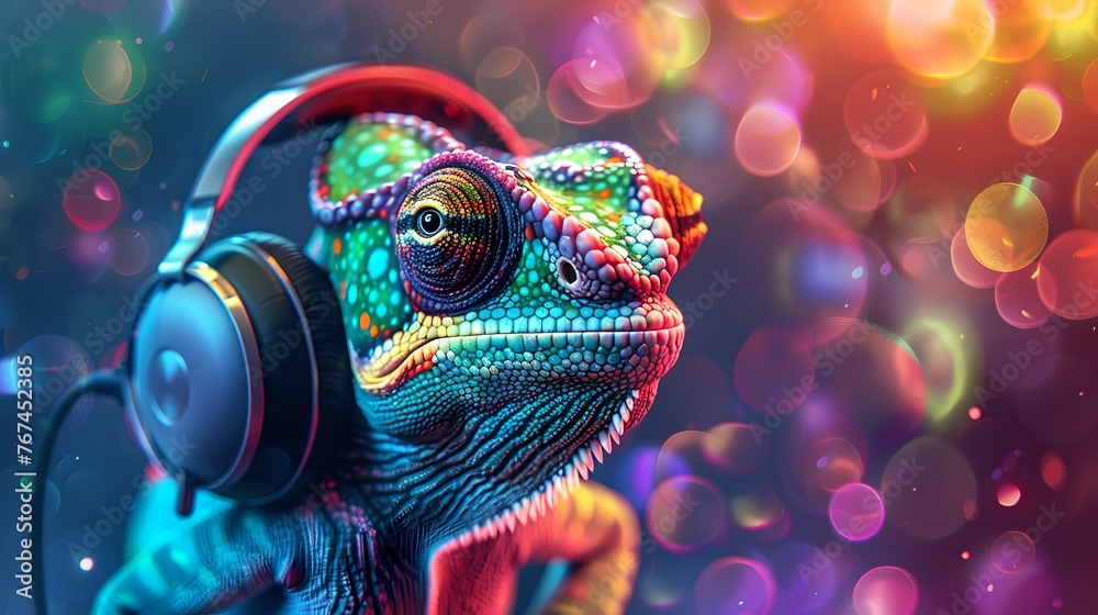 Colorful Chameleon Wearing Headphones in a Vibrant Fantasy Setting. Surreal Artwork with Bokeh Background, Vivid Imagery for Creative Projects. AI