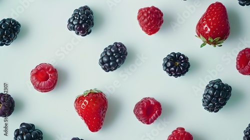 Assorted fresh berries on a bright background. Flat lay  top view. Healthy food concept. Vibrant natural colors  ideal for food blogs. AI