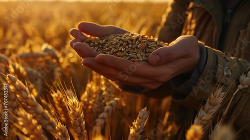 An agronomist inspecting wheat crops in a vast field, holding golden grain in their hand