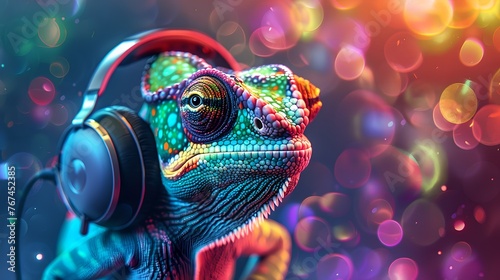 Colorful Chameleon Wearing Headphones in a Vibrant Fantasy Setting. Surreal Artwork with Bokeh Background, Vivid Imagery for Creative Projects. AI © Irina Ukrainets