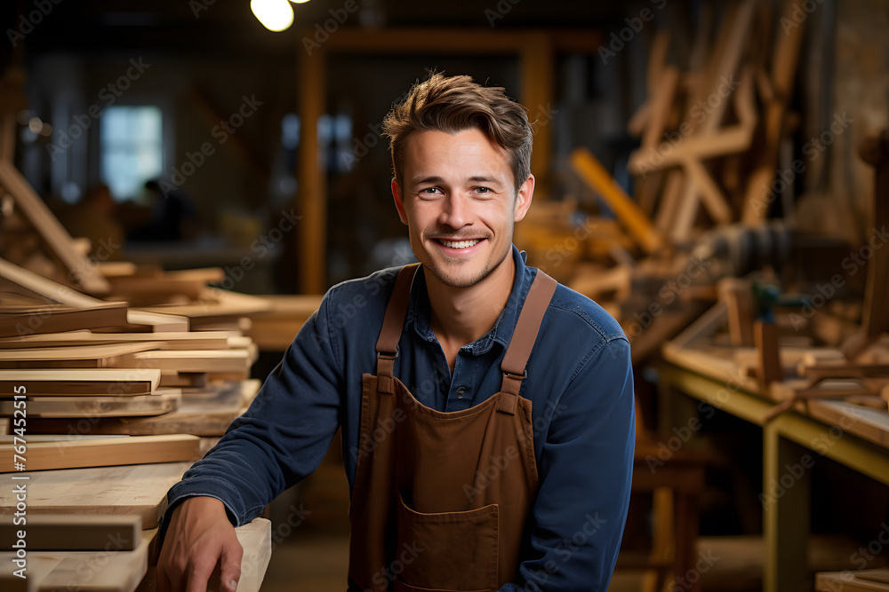 working carpenter at his workplace in the workshop. wood industry working carpenter at his workplace in the workshop. wood industry