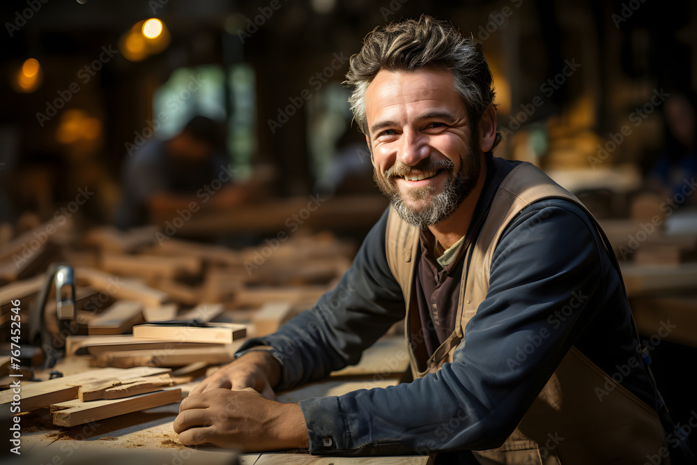 working carpenter at his workplace in the workshop. wood industry working carpenter at his workplace in the workshop. wood industry