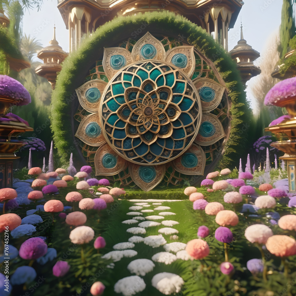 A harmonious garden scene dominated by the Flower of Life symbol.
