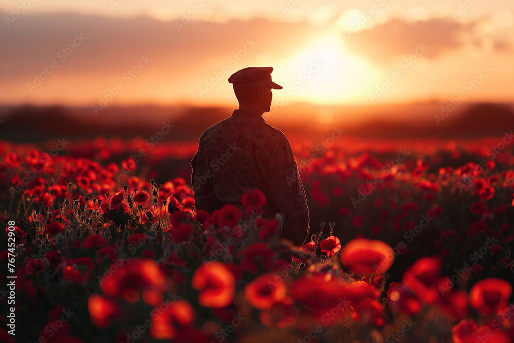 soldier stands, sunset in the field happy independence day  