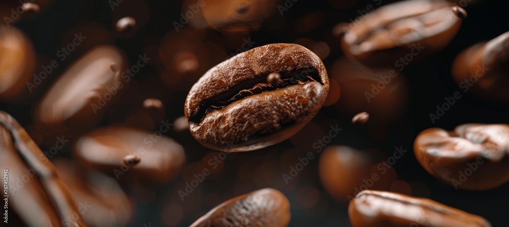 Roasted coffee beans gracefully floating in motion on a dark background in levitation Roasted coffee beans gracefully floating in motion on a dark background in levitation