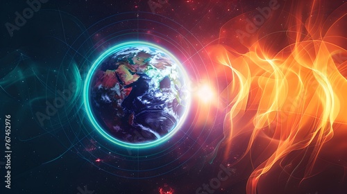 Vibrant cosmic scene with a guarded planet amidst energy streams. Digital art style, depicting sci-fi or fantasy concepts. Ideal for backgrounds and creative projects. AI