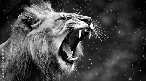 Majestic lion roaring in the vast african savannah  symbolizing power and dominance
