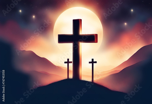 A solemn Good Friday background showcasing Jesus on the cross, designed for wishes posts, banners, and social media with copy space.